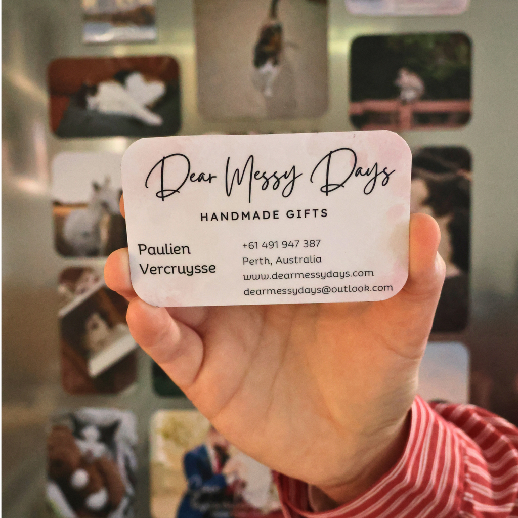 Example flexi magnetic business cards 9x5.5cm with custom logo and watercolour backgrounds, handmade in Perth