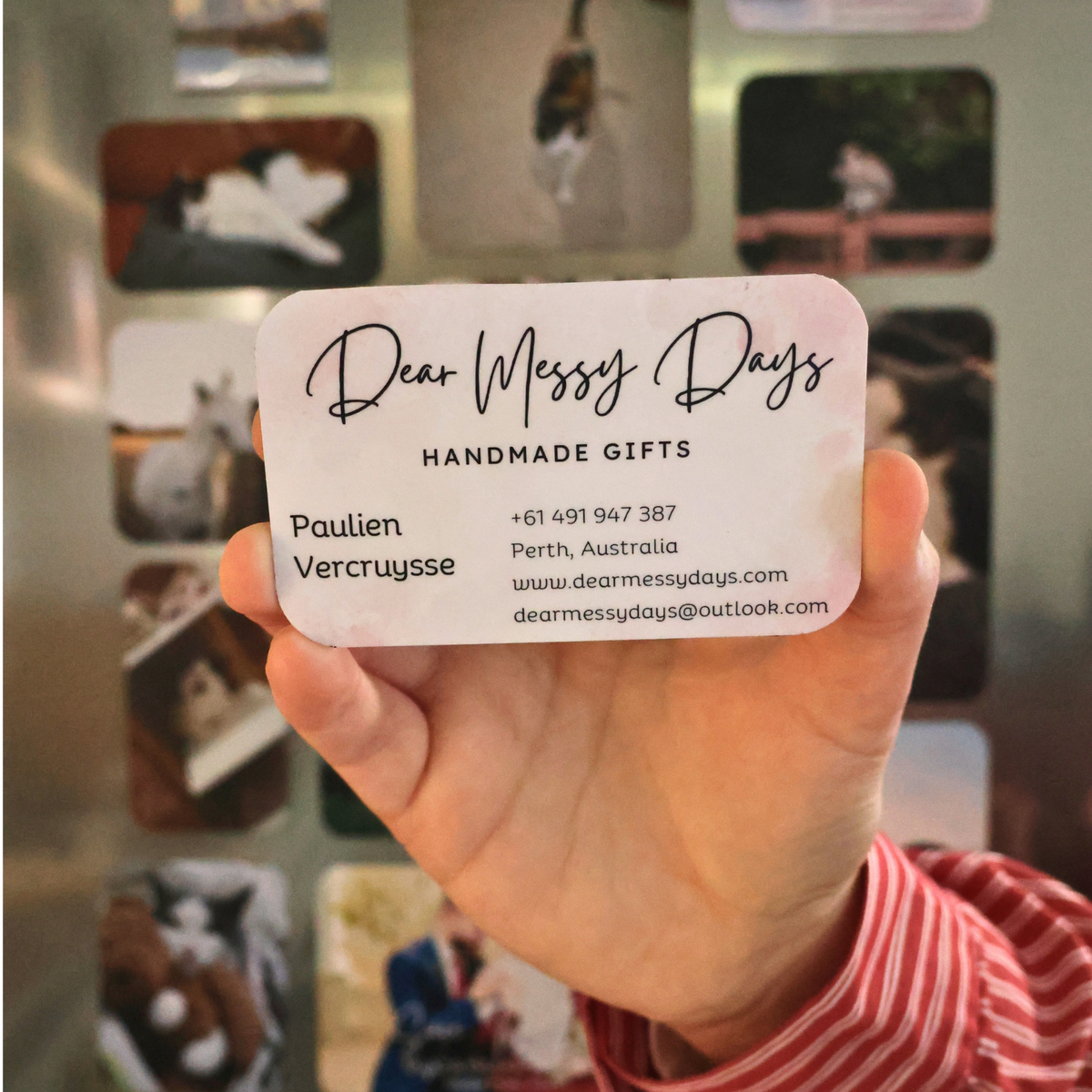 Example flexi magnetic business cards 9x5.5cm with custom logo and watercolour backgrounds, handmade in Perth